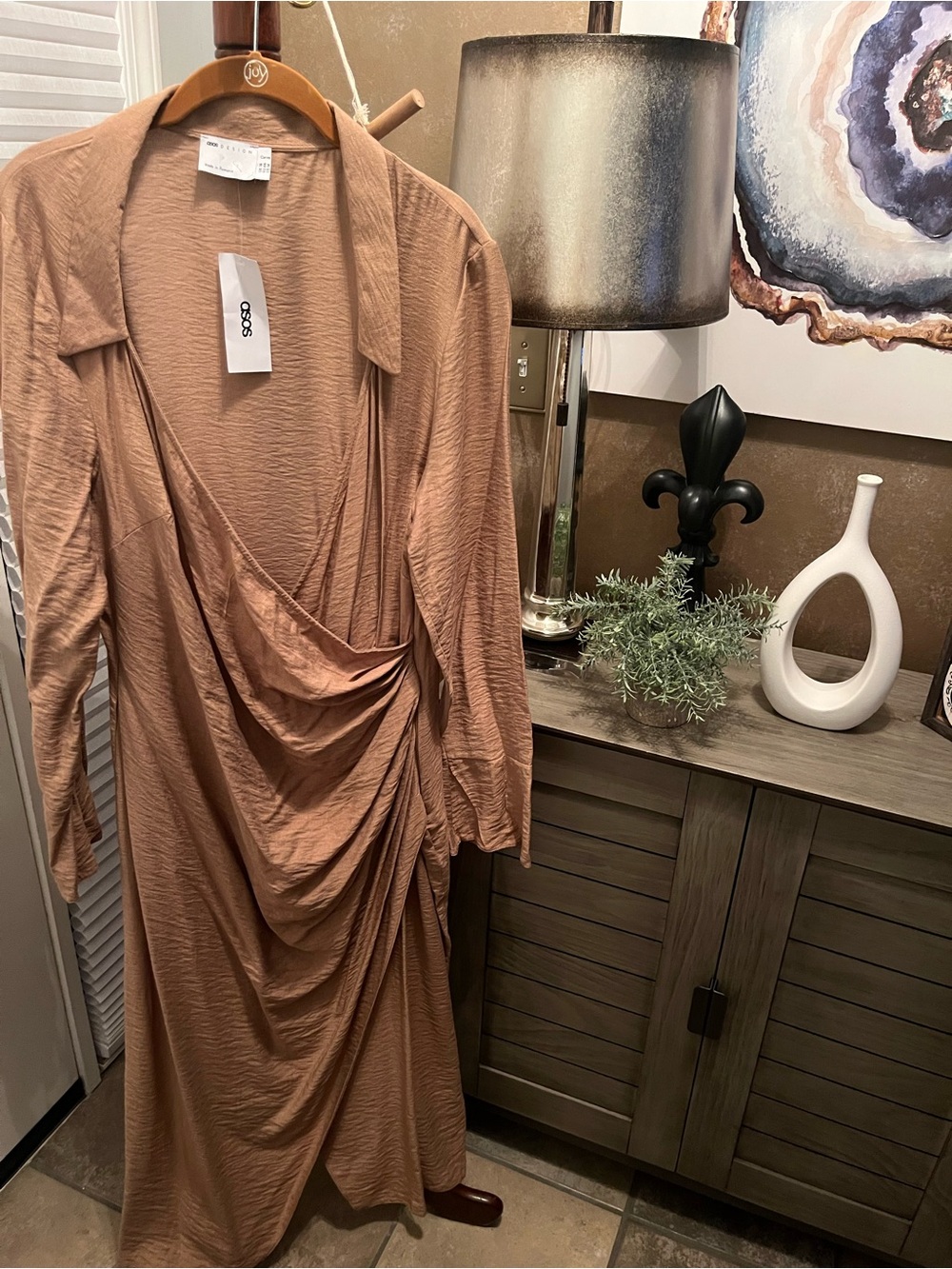 ASOS Tan Draped Faux Wrap Midi Dress Size:14 NWT - Picture 2 of 7